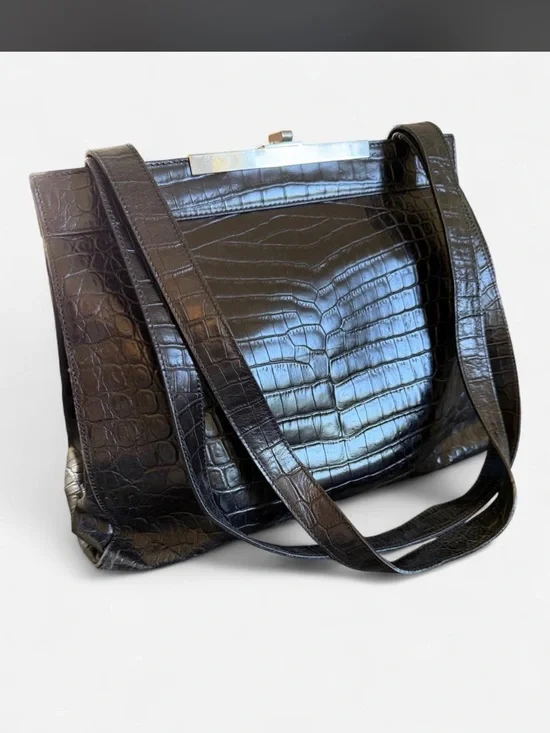Black Croc-Embossed Shoulder Bag with Top Frame