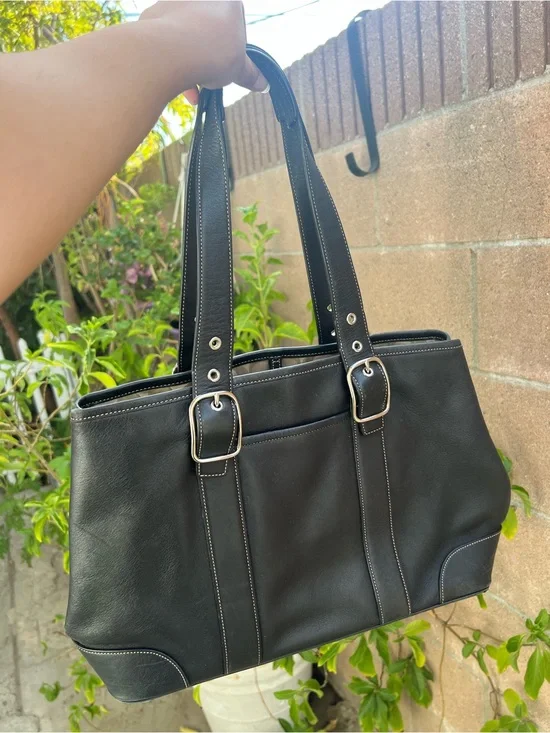 Coach Black Leather Shoulder Tote with Silver Buckles