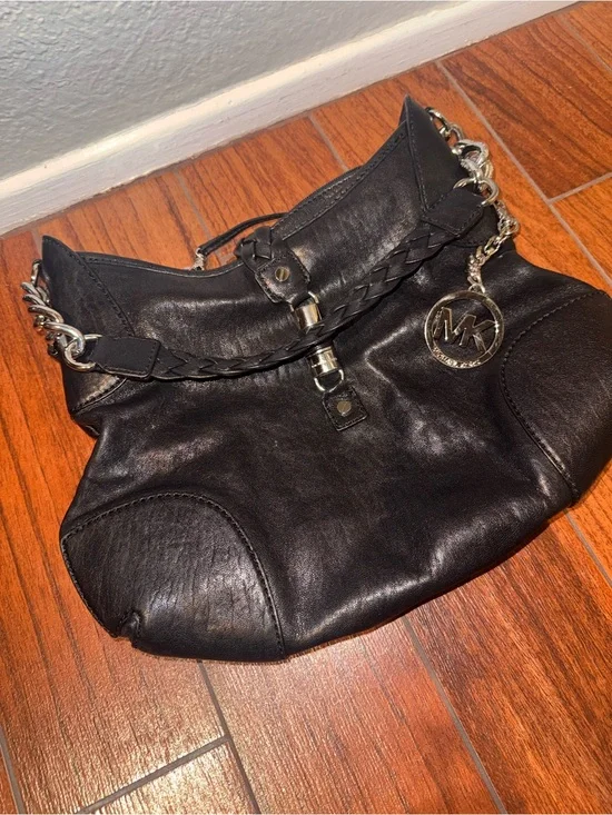 Michael Kors Black Leather Shoulder Bag with Braided Strap and MK Charm