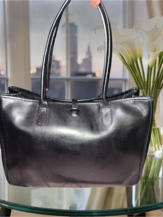 Vintage Longchamp Roseau Black Leather Toggle Tote Shoulder Bag