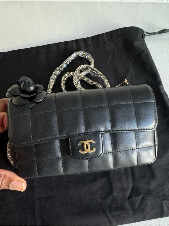 Authentic  CHANEL Mini Chocolate Bar Camellia Chain Lambskin Shoulder Bag