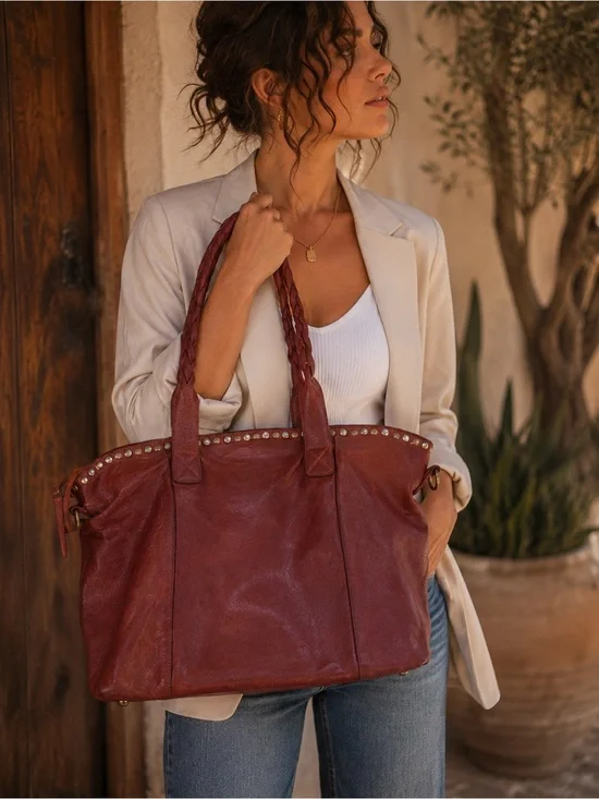 Leather Stud-Trim Tote with Braided Handles - Rust Red