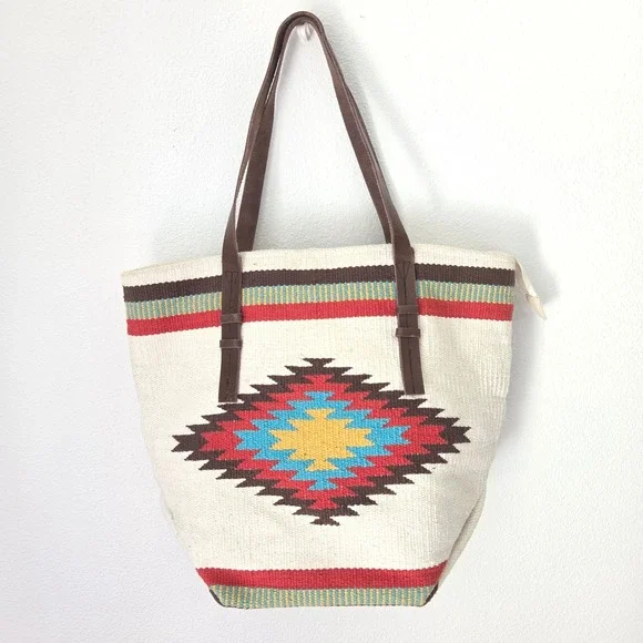 Prüne Woven Southwestern Geometric Tote Bag Cream Red Leather Straps Large