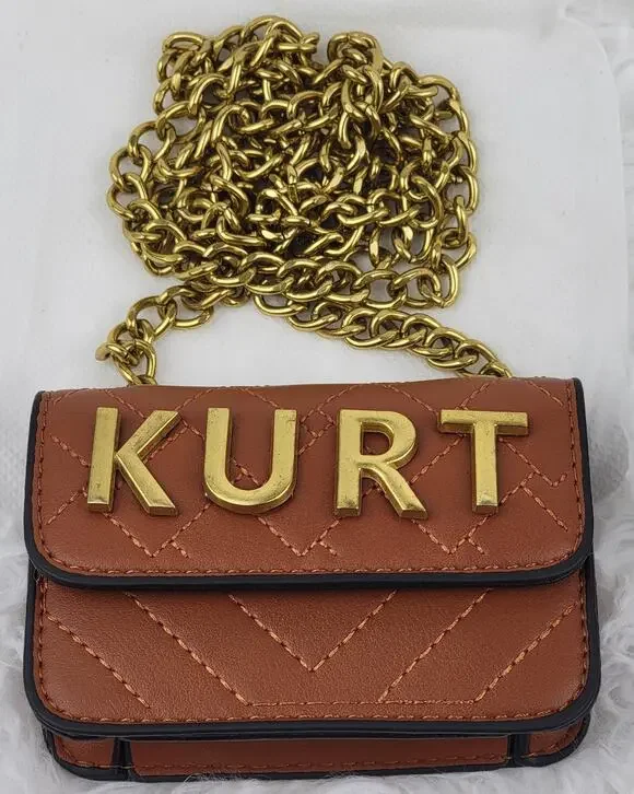 Designer Micro Mini Purse Brown Quilted Brass Spell Out Crossbody Chain Bag New