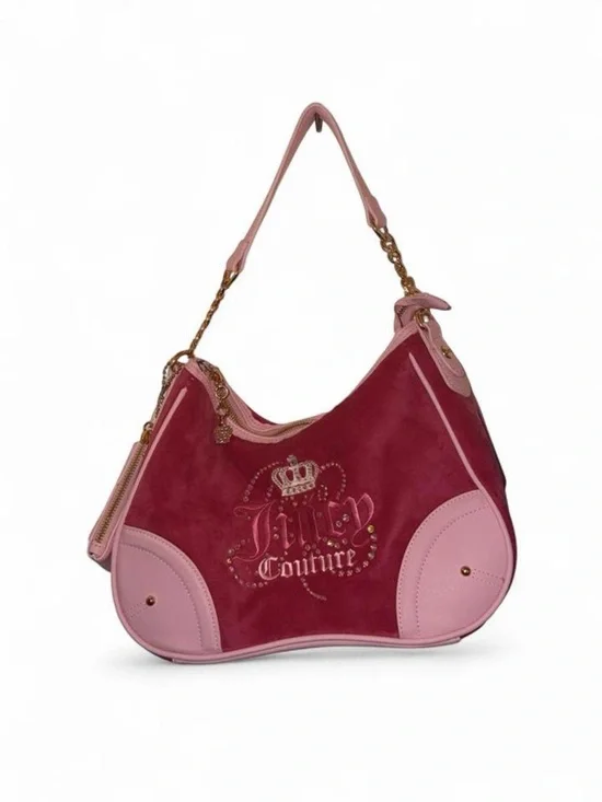 Juicy Couture Burgundy Suede Shoulder Bag with Pink Trim