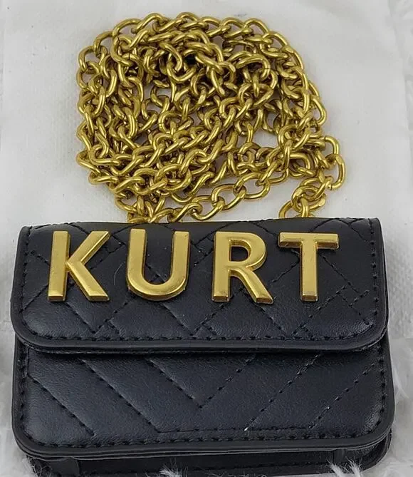 Designer Micro Mini Purse Black Quilted Brass Spell Out Crossbody Chain Bag New