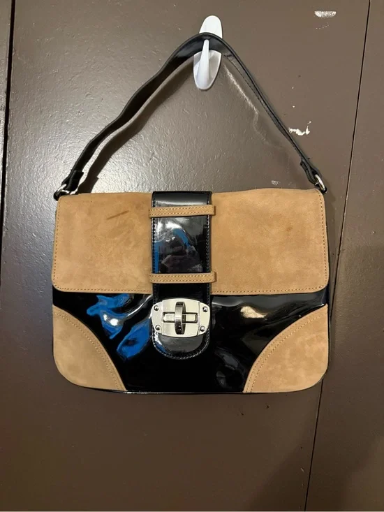 White House Black Market Black Patent and Tan Suede Shoulder Bag