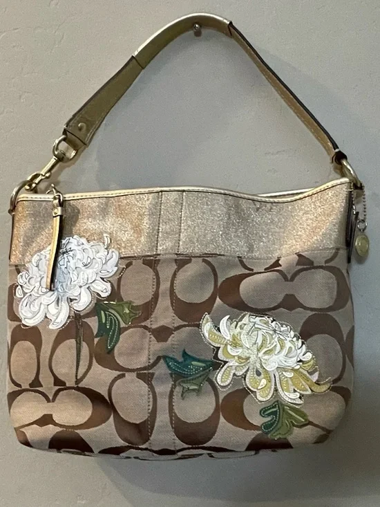 Coach limited edition signature Floral Applique Shoulder gold Bag y2k hobo brown