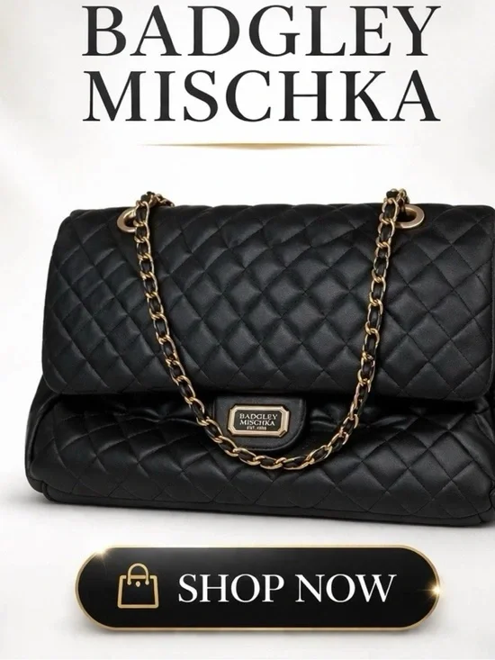 Badgley Mischka Black Quilted Shoulder Bag with Gold Chain