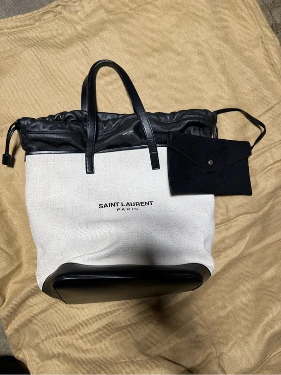 Saint Laurent Black and Cream Canvas Shoulder Tote