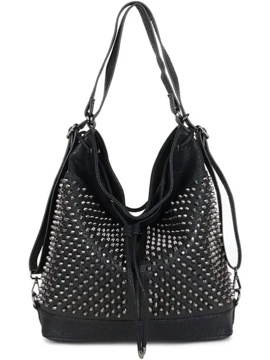 Oversized Studded Bucket Bag for Women - Vegan Leather, 3-Way Backpack, Punk