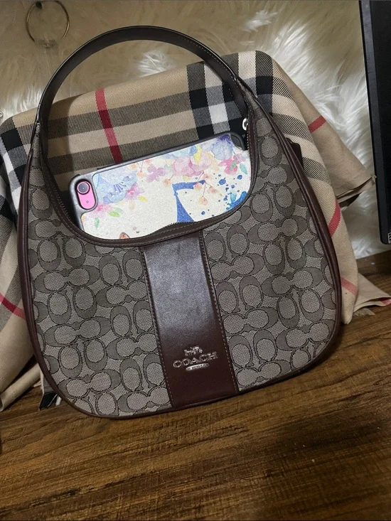 Coach Brown Signature Canvas Shoulder Hobo with Dark Brown Leather Trim