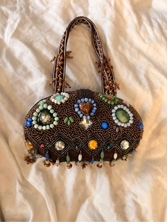 Vintage Mary Frances Hand Beaded Stone Mosaic Clutch Handbag, Made in India