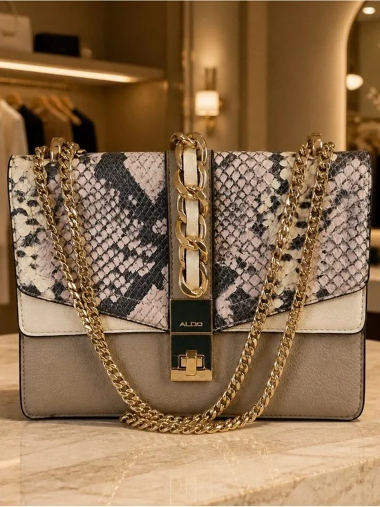 ALDO Aoille Snake Print Crossbody Bag with Gold Chain & Turn-Lock Accent