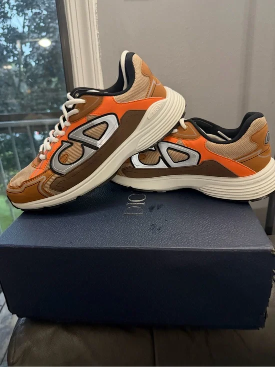 Dior Men’s Orange, Brown & Cream Mesh Leather Runner Sneakers