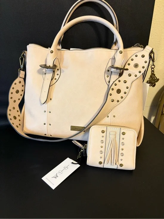 🆕 Jessica Simpson Cream Studded Satchel with Tassel Wallet NWT