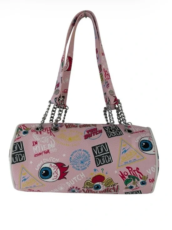 Von Dutch Pink Jax Barrel Bag Retro Graphic Flying Eye Print Shoulder Bag