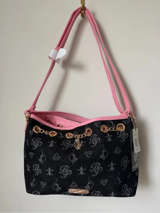 Baby Phat Black denim monogram Shoulder Bag with Pink Trim gold hardware