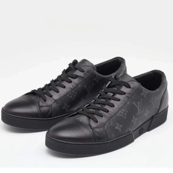 Louis Vuitton Black Leather & Monogram Eclipse Low Top Sneakers Like NEW