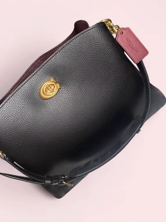 Coach Black Pebbled Leather Shoulder Bag with Pink Tag and Gold Hardware