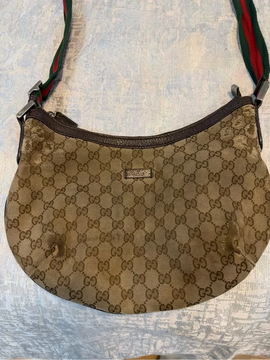 Gucci Brown Monogram Canvas Crescent Shoulder Bag with Green-Red Web Strap