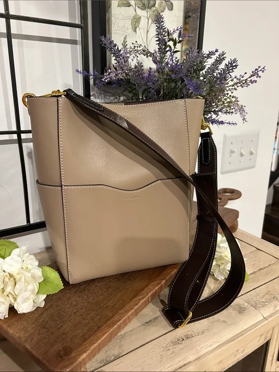 Taupe Leather Shoulder Tote with Dark Brown Strap