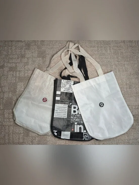 Lot of 3 Lululemon Small Reusable Shopping Tote Bags Black White