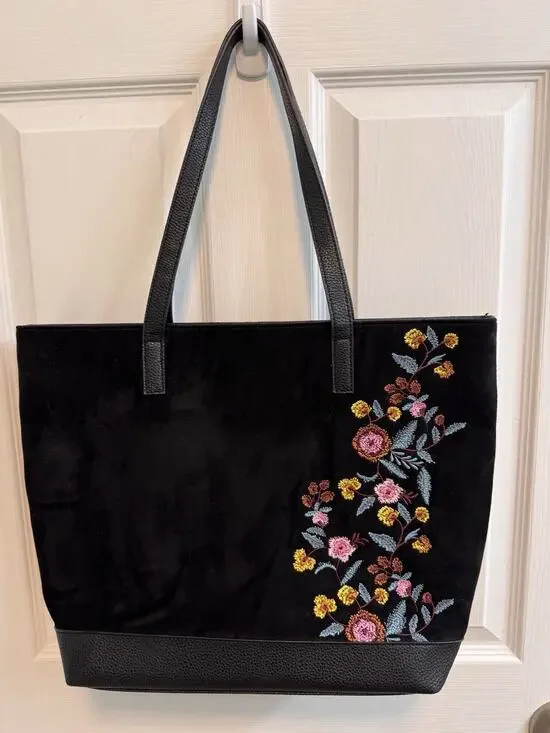 Bueno Black Faux Suede Tote Floral Embroidery Magnetic Snap Closure Double Strap
