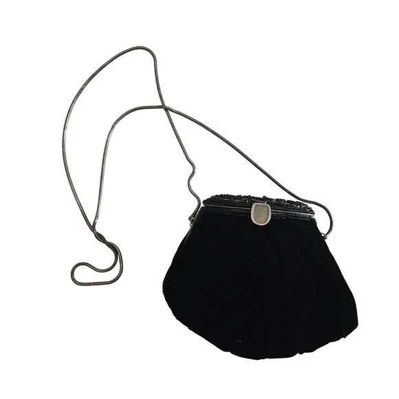 Vintage Vanessa Black Velvet Beaded Evening Bag Crossbody Snake Chain Strap