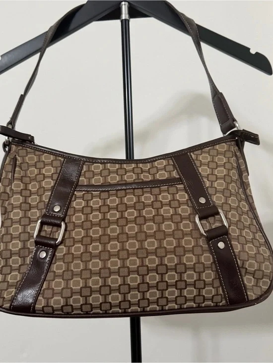 Patterned Brown Shoulder Bag with Dark Trim