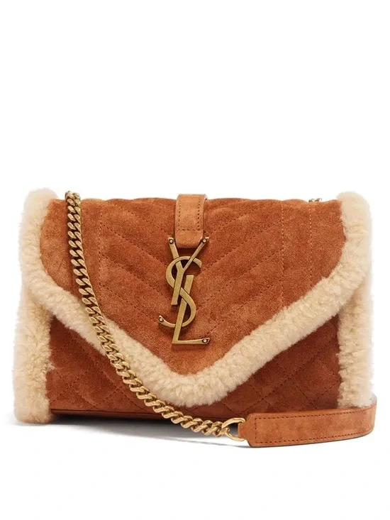 Saint Laurent Suede Shoulder Bag with Shearling Trim in Tan