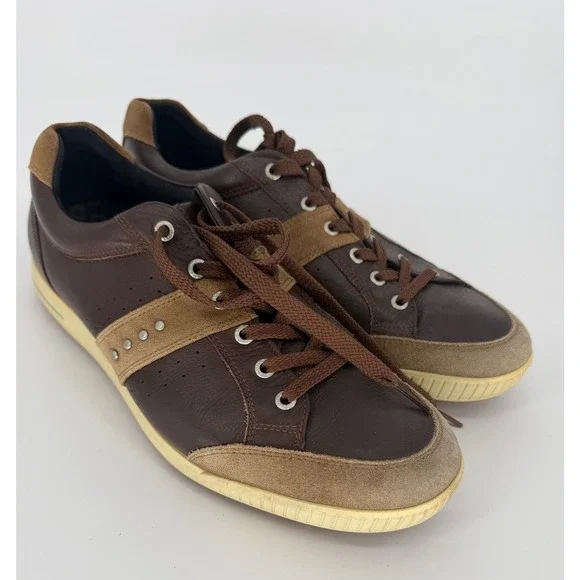 ECCO Mens Brown Leather Suede Low Top Lace Up Sneakers Studded Size 46