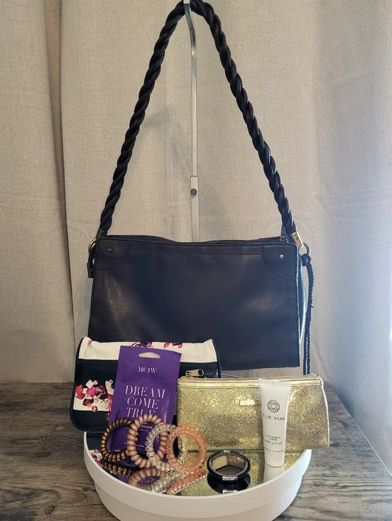 Kim Rogers Black Shoulder Bag with Gold Accent Wristlet and Floral Pouch