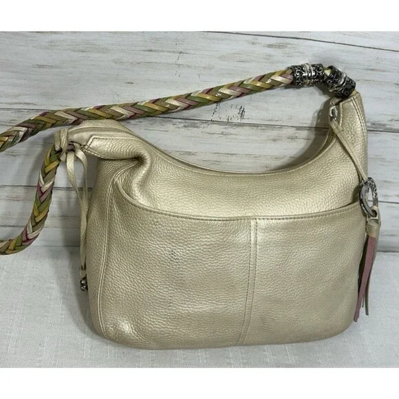 BRIGHTON Ivory Pebbled Leather Multi-Color Woven Shoulder Strap Bag Purse vtg.