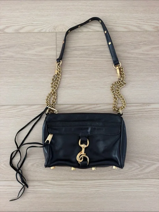 Rebecca Minkoff Mini Mac Black Leather Shoulder Bag with Gold Chain