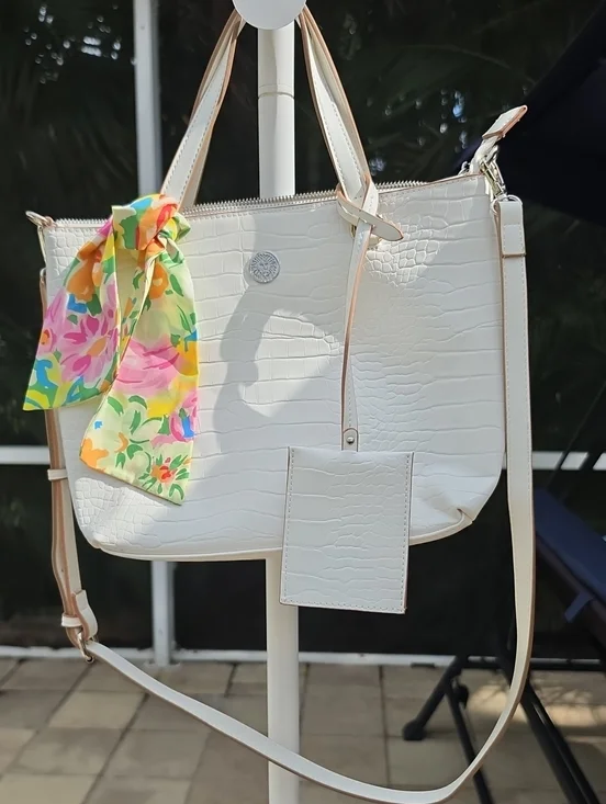 ANNE KLEIN Croc-Embossed White Bag with Floral Scarf Accent