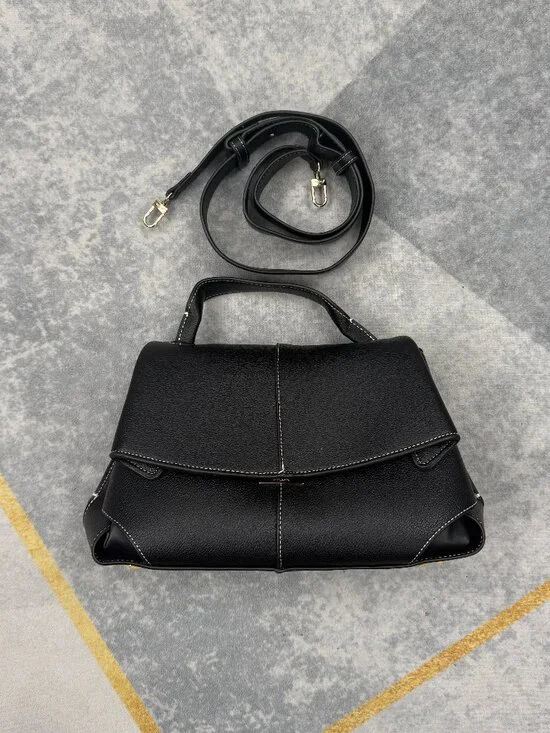 Women’s Black Pebbled Faux Leather Satchel Handbag, Contrast‑Stitching Top‑Handl