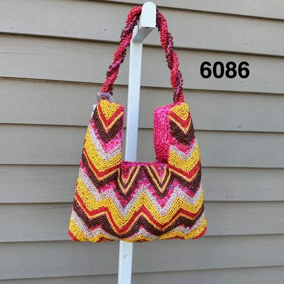 Handcrafted India Beaded Chevron Sequin Shoulder Bag Pink Yellow Orange Brown