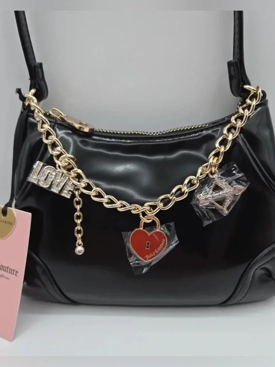Juicy Couture Black Patent Shoulder Bag with Gold Charm Chain and Red Heart