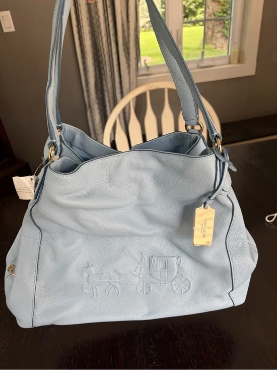 Coach Light Blue Pebble Leather Shoulder Bag with Embossed Horse & Carriage