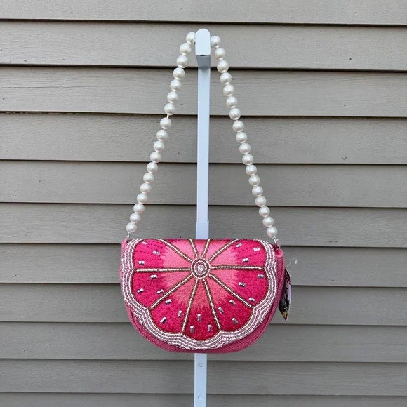 Kayu Limited Edition Pink Grapefruit Beaded Pearl Strap Shoulder Bag Novelty