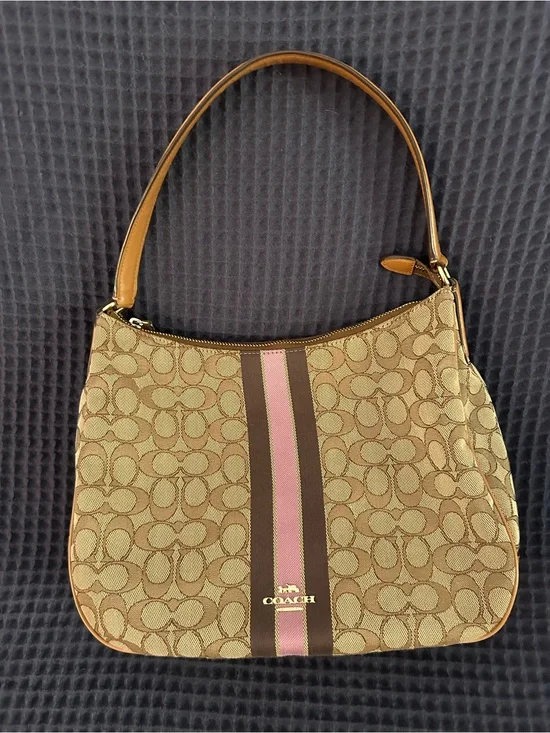 Coach Signature Canvas Shoulder Bag with Pink and Brown Center Stripe & Wallet