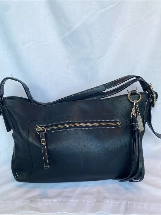 Coach East West 1417 Black Leather Shoulder Bag with Tassel Charm and Zip Pocket