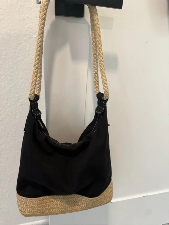 Women’s Black Canvas & Straw Shoulder Bag