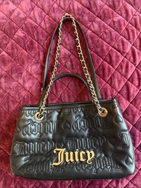 Juicy Couture Black Quilted Logo Shoulder Tote with Gold Chain
