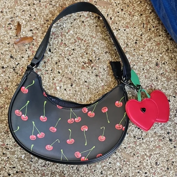 Black Cherry Print Shoulder Bag with Heart Charm