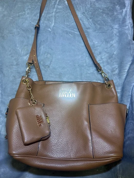 Steve Madden Brown Pebbled Leather Shoulder Bag with Detachable Pouch