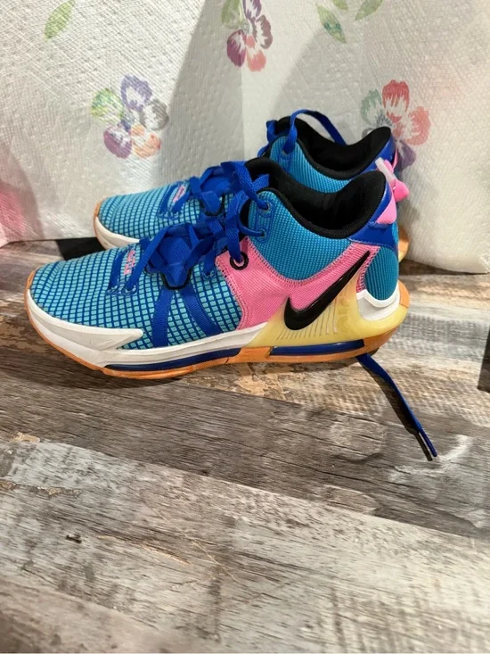 Nike LeBron Witness VllBlue and Pink Men's Athletic Sneakers with Yellow Accents