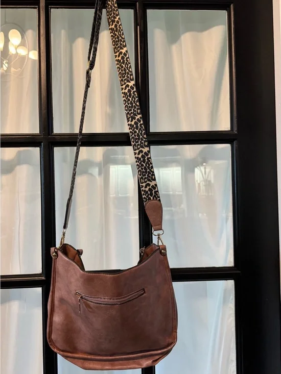 Brown Leather Crossbody Bag with Leopard Strap