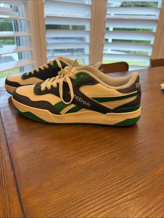 Reebok White Gray & Green Low-Top Sneakers